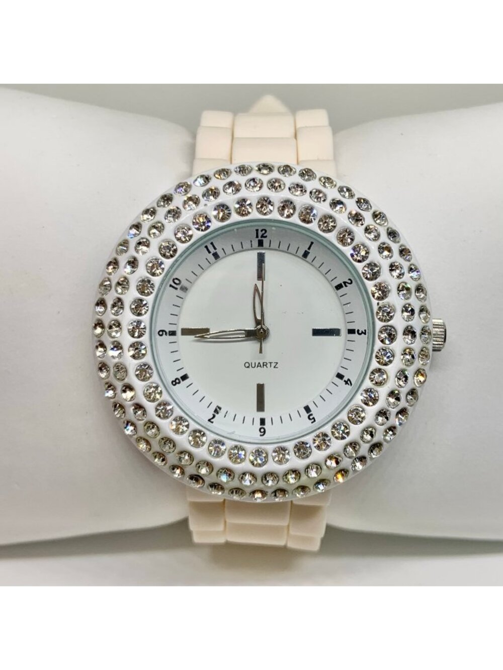 Geneva women’s watch white tone rhinestones 45mm silicone band running